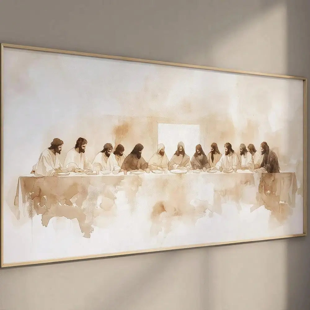 1Pc the Last Supper Minimalist Beige Canvas Print, Frameless Abstract Wall Art Christian Faith Decor for Living Room Bedroom