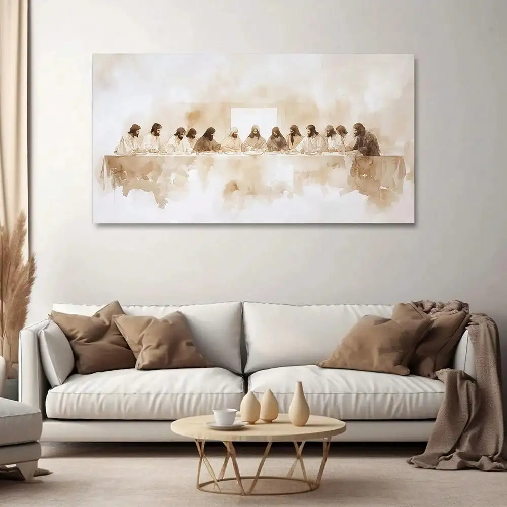 1Pc the Last Supper Minimalist Beige Canvas Print, Frameless Abstract Wall Art Christian Faith Decor for Living Room Bedroom