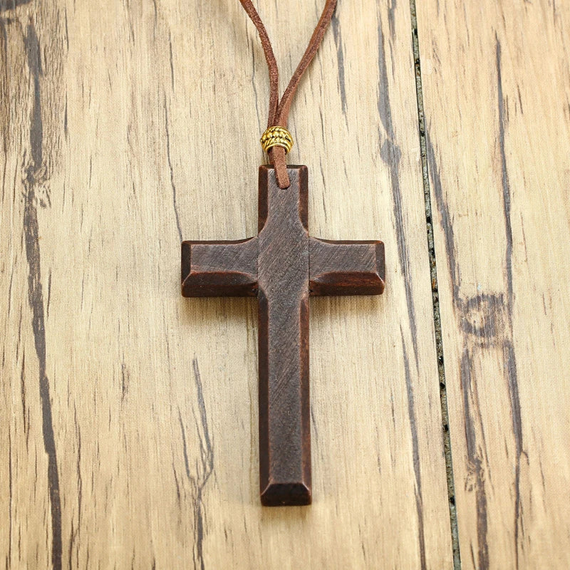 Wooden Cross Necklace on Leather Cord for Men Pendant in Black Brown Tone Jesus Christ Lord Prayer Jewelry