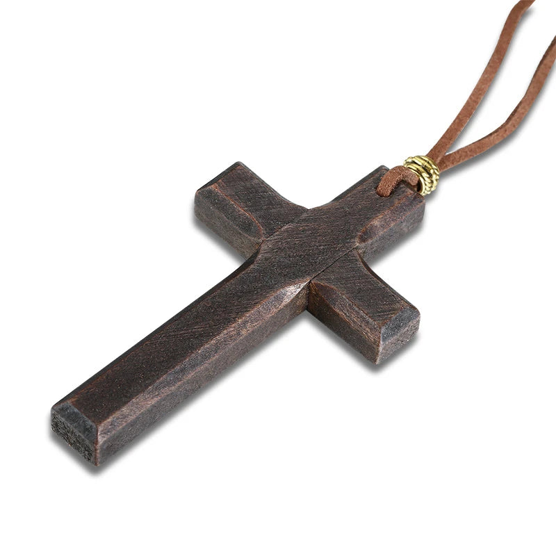 Wooden Cross Necklace on Leather Cord for Men Pendant in Black Brown Tone Jesus Christ Lord Prayer Jewelry