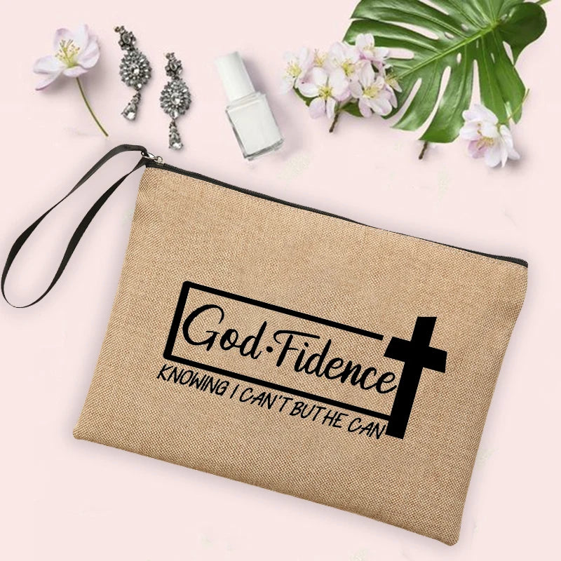 Jesus Faith Cross Print Christian Linen Wristlet Clutch Bag Beach Vacation Handbag Travel Wash Organizer Case Makeup Bags Gifts