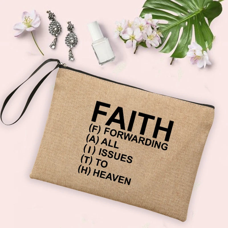 Jesus Faith Cross Print Christian Linen Wristlet Clutch Bag Beach Vacation Handbag Travel Wash Organizer Case Makeup Bags Gifts