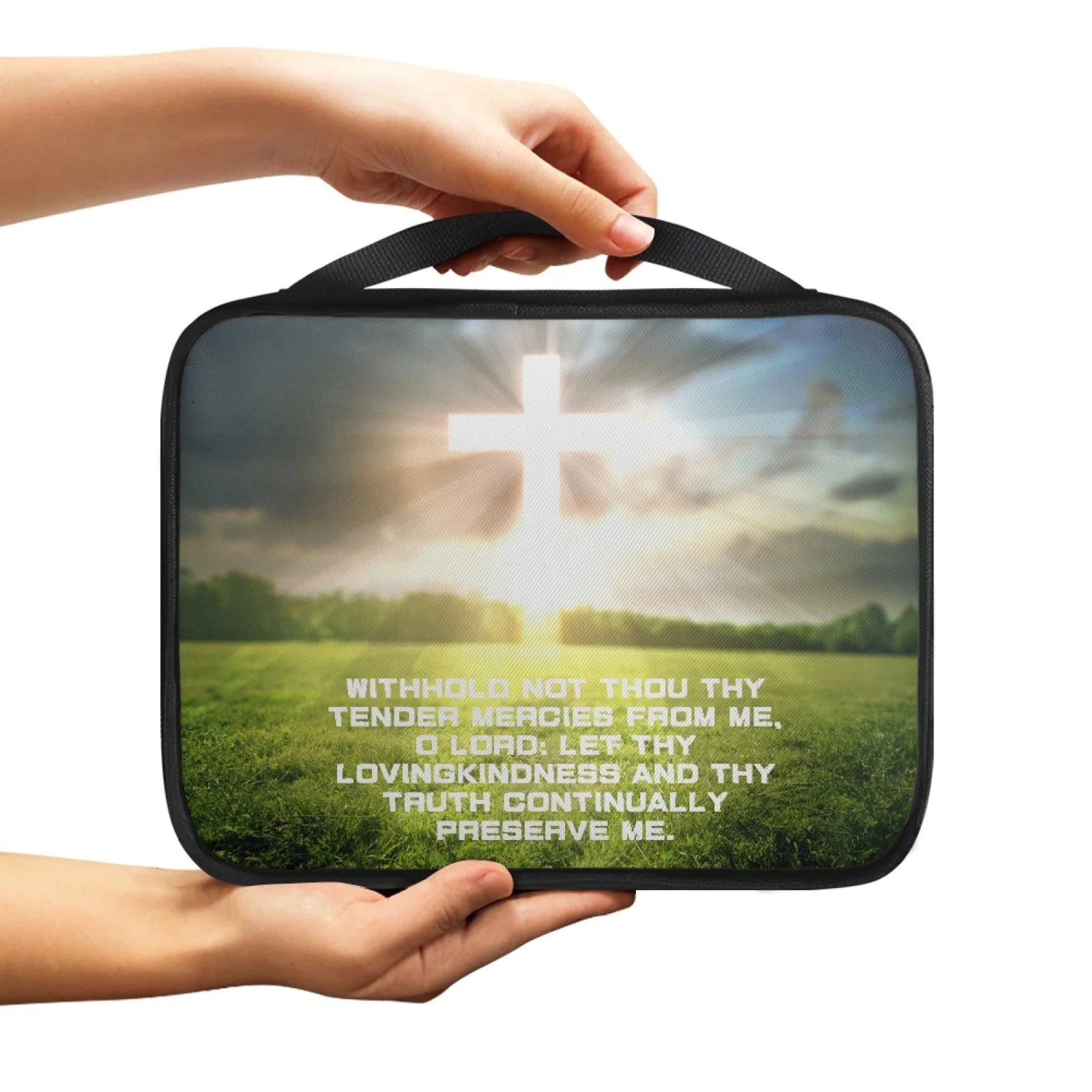 Print Cross and Psalm Text Bible Covers for Men Book Carrying Case Travel Bible Case Organizer with Handle for Easy Carrying
