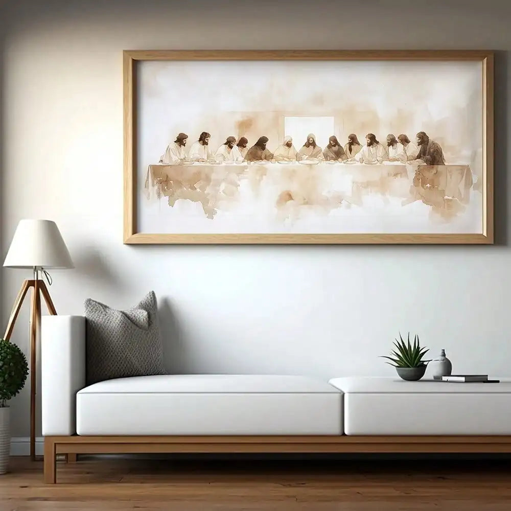 1Pc the Last Supper Minimalist Beige Canvas Print, Frameless Abstract Wall Art Christian Faith Decor for Living Room Bedroom