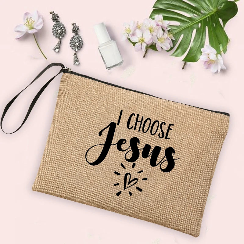 Jesus Faith Cross Print Christian Linen Wristlet Clutch Bag Beach Vacation Handbag Travel Wash Organizer Case Makeup Bags Gifts