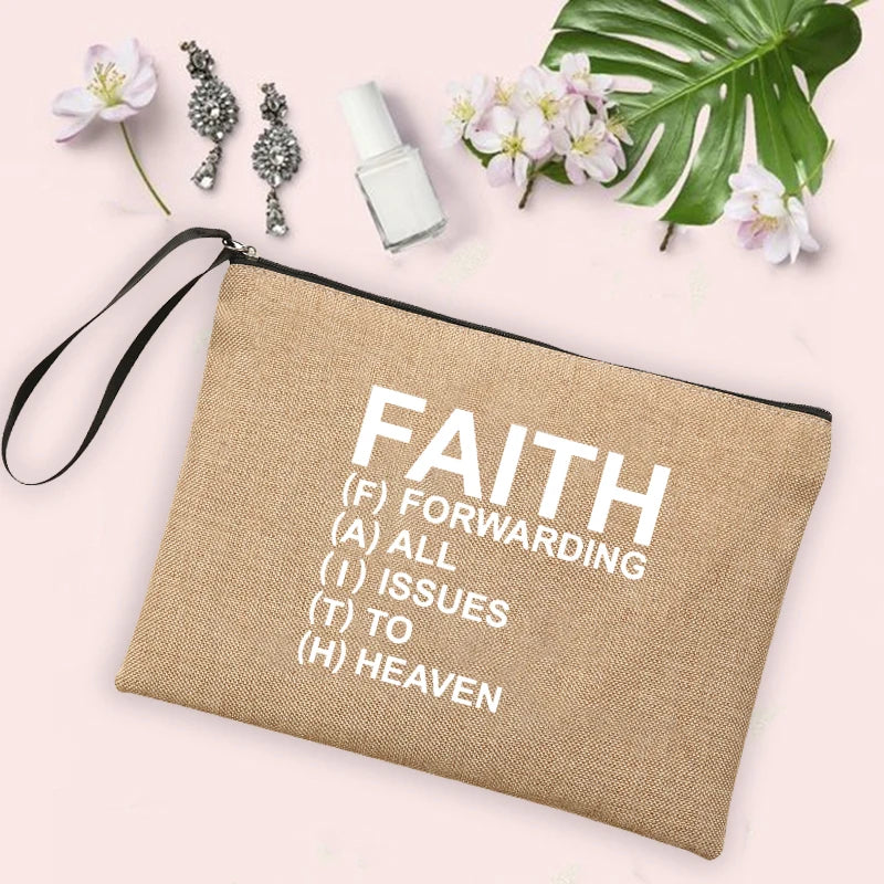 Jesus Faith Cross Print Christian Linen Wristlet Clutch Bag Beach Vacation Handbag Travel Wash Organizer Case Makeup Bags Gifts