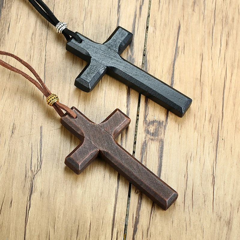 Wooden Cross Necklace on Leather Cord for Men Pendant in Black Brown Tone Jesus Christ Lord Prayer Jewelry