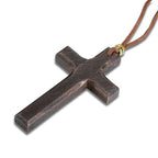 Wooden Cross Necklace on Leather Cord for Men Pendant in Black Brown Tone Jesus Christ Lord Prayer Jewelry