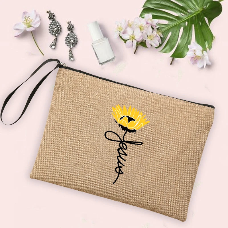 Jesus Faith Cross Print Christian Linen Wristlet Clutch Bag Beach Vacation Handbag Travel Wash Organizer Case Makeup Bags Gifts