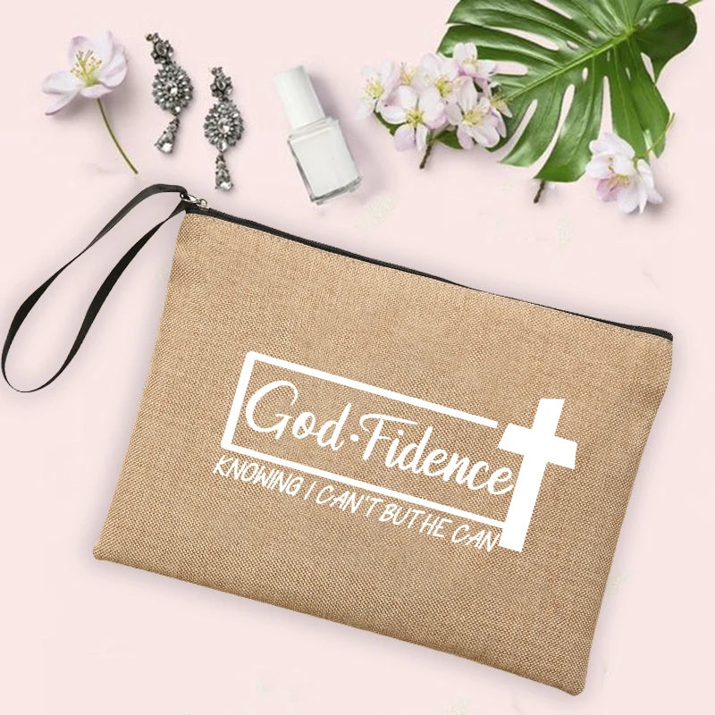 Jesus Faith Cross Print Christian Linen Wristlet Clutch Bag Beach Vacation Handbag Travel Wash Organizer Case Makeup Bags Gifts