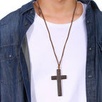 Wooden Cross Necklace on Leather Cord for Men Pendant in Black Brown Tone Jesus Christ Lord Prayer Jewelry