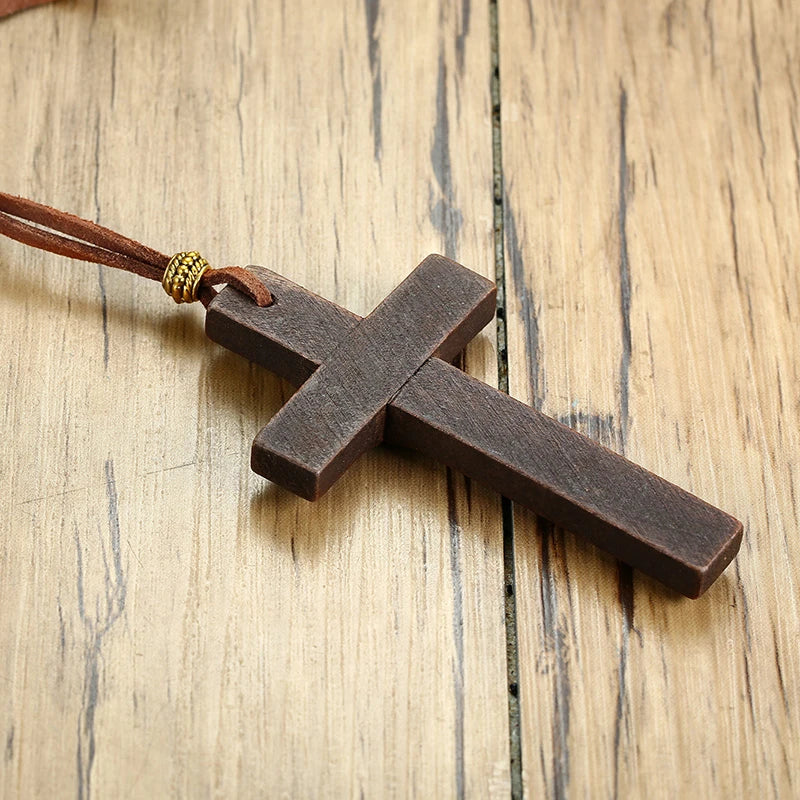 Wooden Cross Necklace on Leather Cord for Men Pendant in Black Brown Tone Jesus Christ Lord Prayer Jewelry