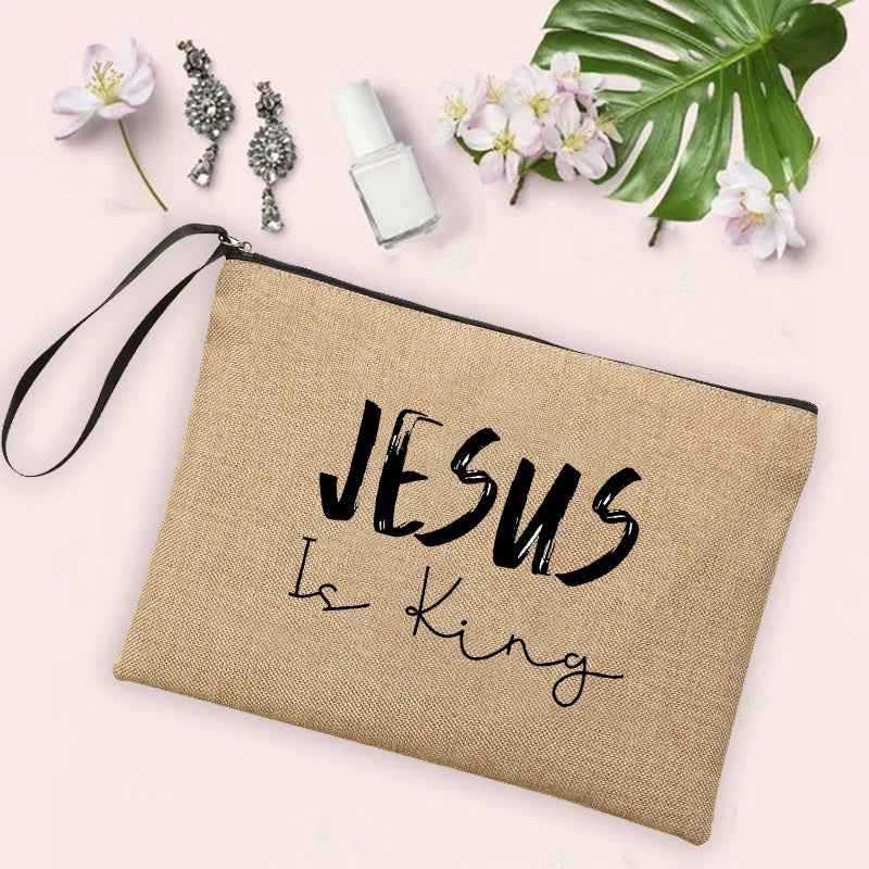 Jesus Faith Cross Print Christian Linen Wristlet Clutch Bag Beach Vacation Handbag Travel Wash Organizer Case Makeup Bags Gifts