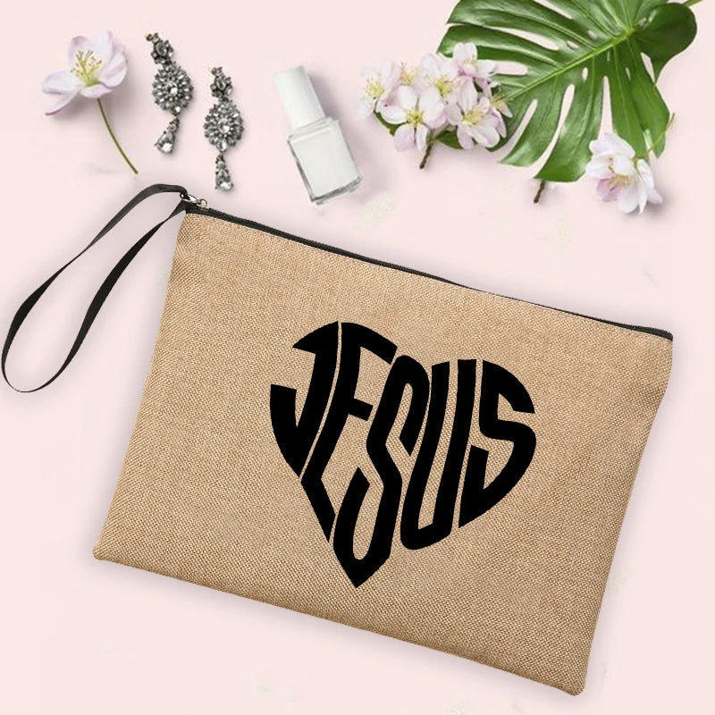 Jesus Faith Cross Print Christian Linen Wristlet Clutch Bag Beach Vacation Handbag Travel Wash Organizer Case Makeup Bags Gifts