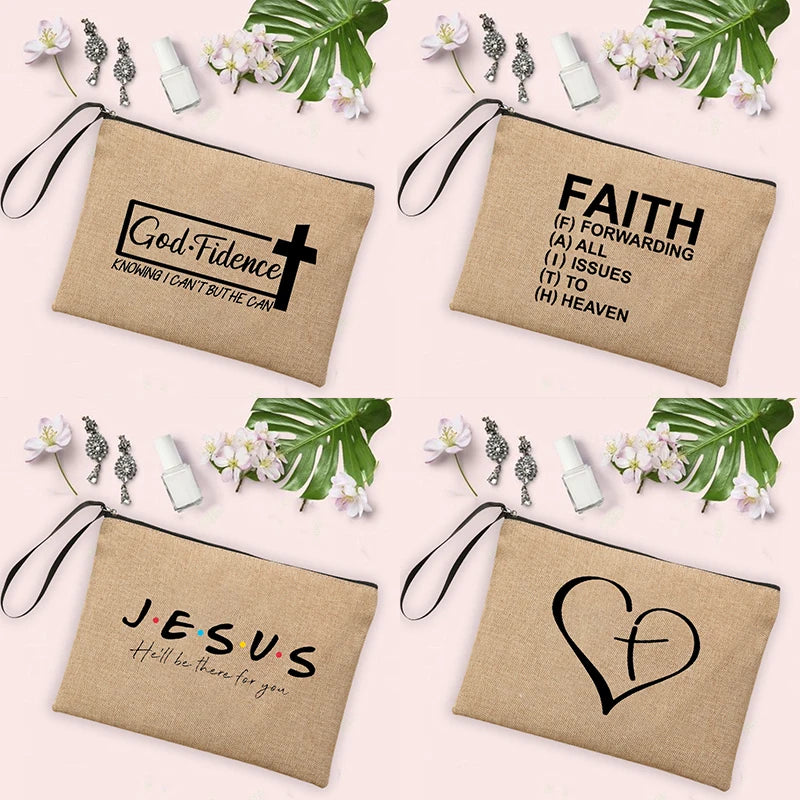 Jesus Faith Cross Print Christian Linen Wristlet Clutch Bag Beach Vacation Handbag Travel Wash Organizer Case Makeup Bags Gifts