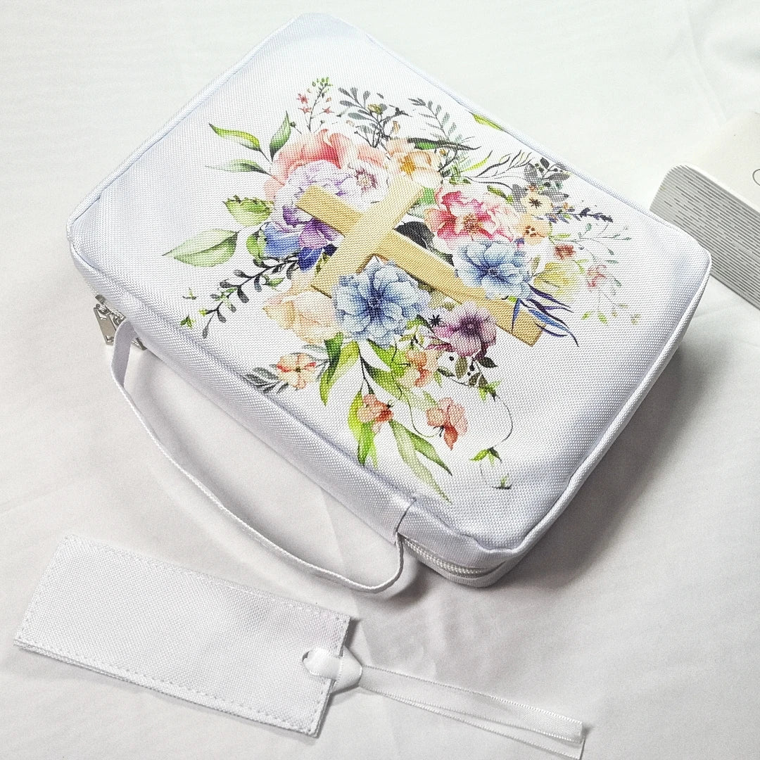 Bible Cover, Floral Bible Case with Handle & Pocket, Bible Book Case Carrying Organizer Bag with Bookmark, for Girls Catholic