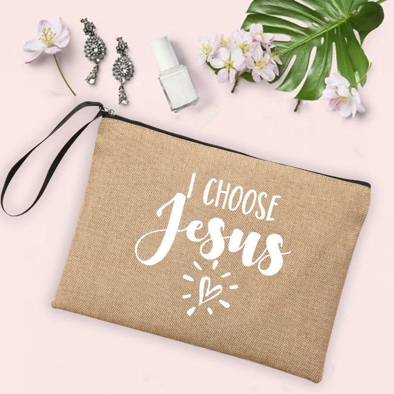Jesus Faith Cross Print Christian Linen Wristlet Clutch Bag Beach Vacation Handbag Travel Wash Organizer Case Makeup Bags Gifts