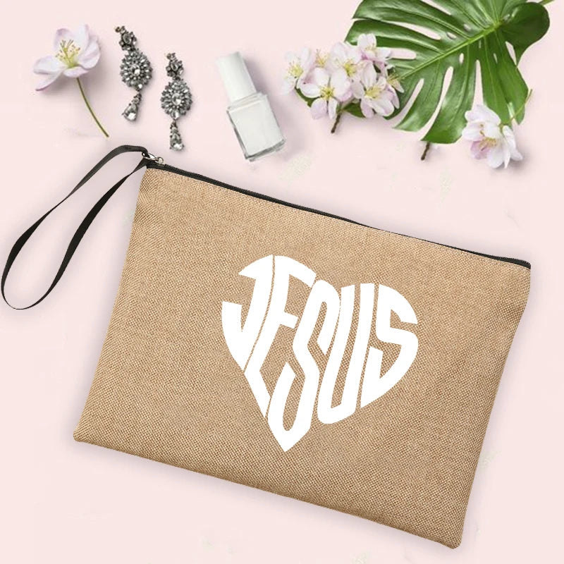 Jesus Faith Cross Print Christian Linen Wristlet Clutch Bag Beach Vacation Handbag Travel Wash Organizer Case Makeup Bags Gifts