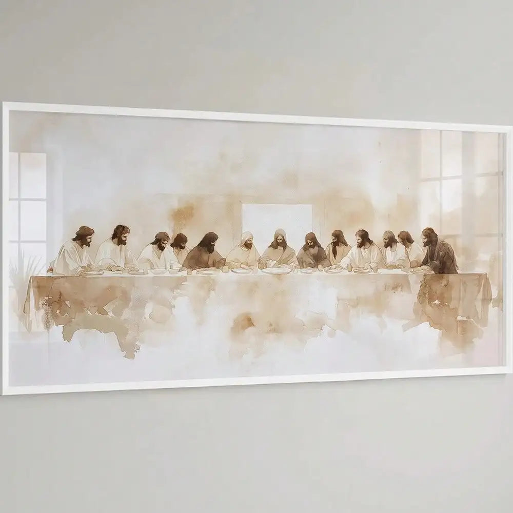 1Pc the Last Supper Minimalist Beige Canvas Print, Frameless Abstract Wall Art Christian Faith Decor for Living Room Bedroom
