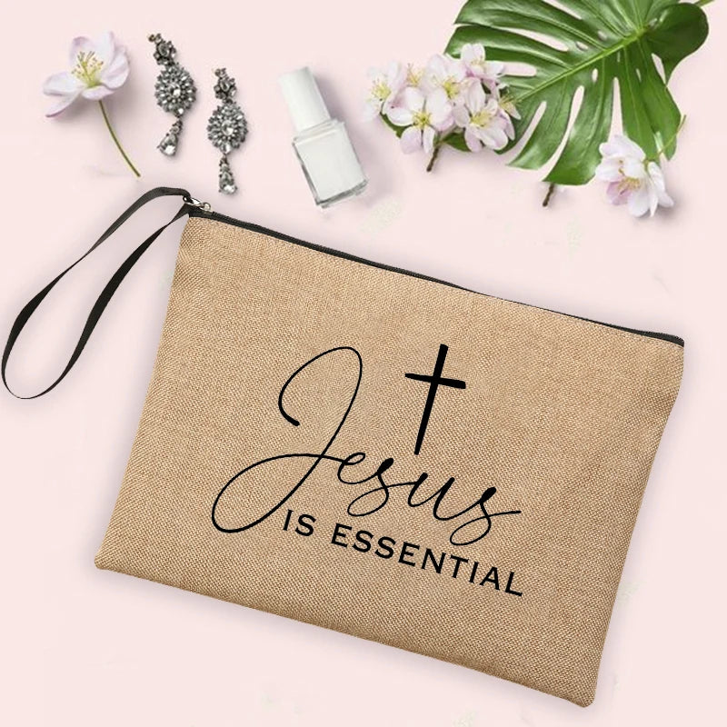 Jesus Faith Cross Print Christian Linen Wristlet Clutch Bag Beach Vacation Handbag Travel Wash Organizer Case Makeup Bags Gifts