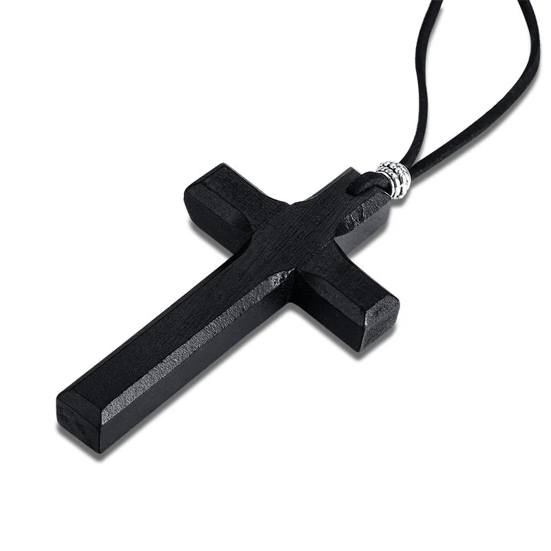Wooden Cross Necklace on Leather Cord for Men Pendant in Black Brown Tone Jesus Christ Lord Prayer Jewelry