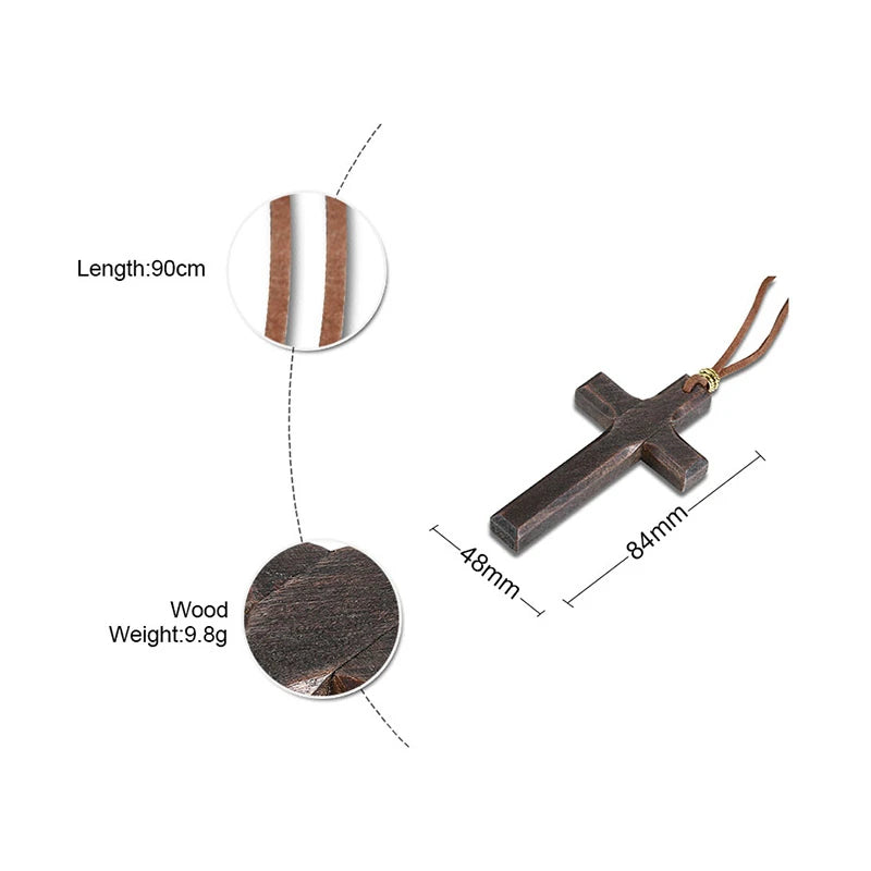 Wooden Cross Necklace on Leather Cord for Men Pendant in Black Brown Tone Jesus Christ Lord Prayer Jewelry